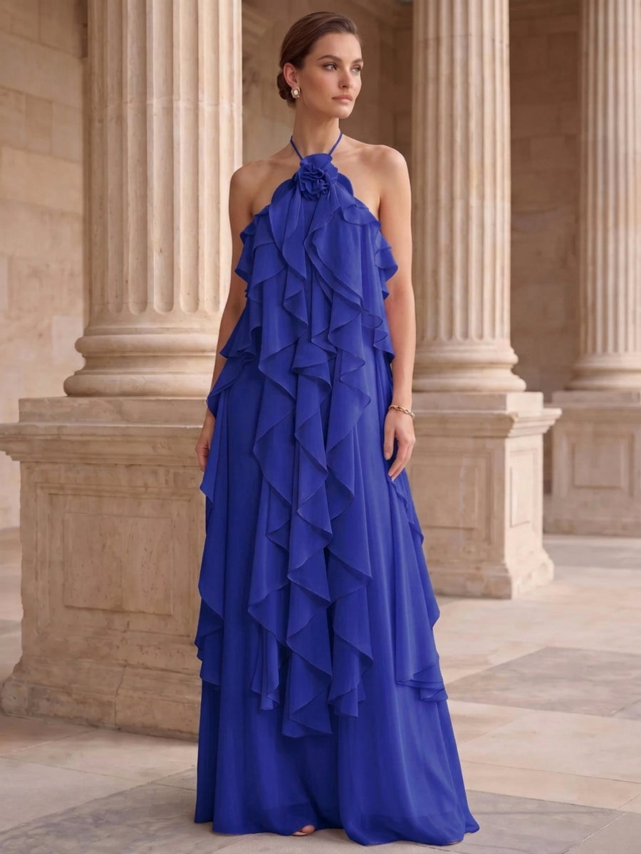A-Line/Princess Evening Dress Chiffon Halter Sleeveless Floor-length With Ruffles Backless Criss Cross Straps