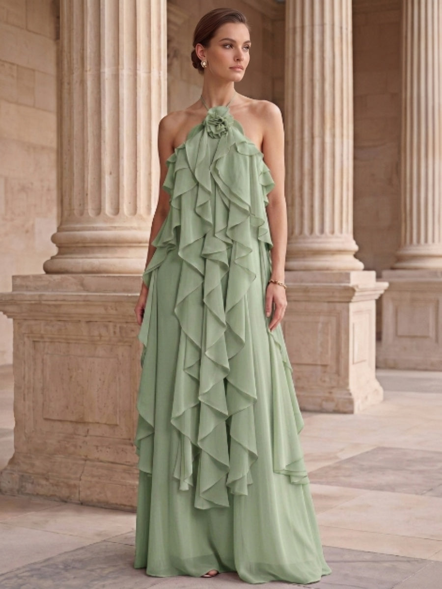 A-Line/Princess Evening Dress Chiffon Halter Sleeveless Floor-length With Ruffles Backless Criss Cross Straps