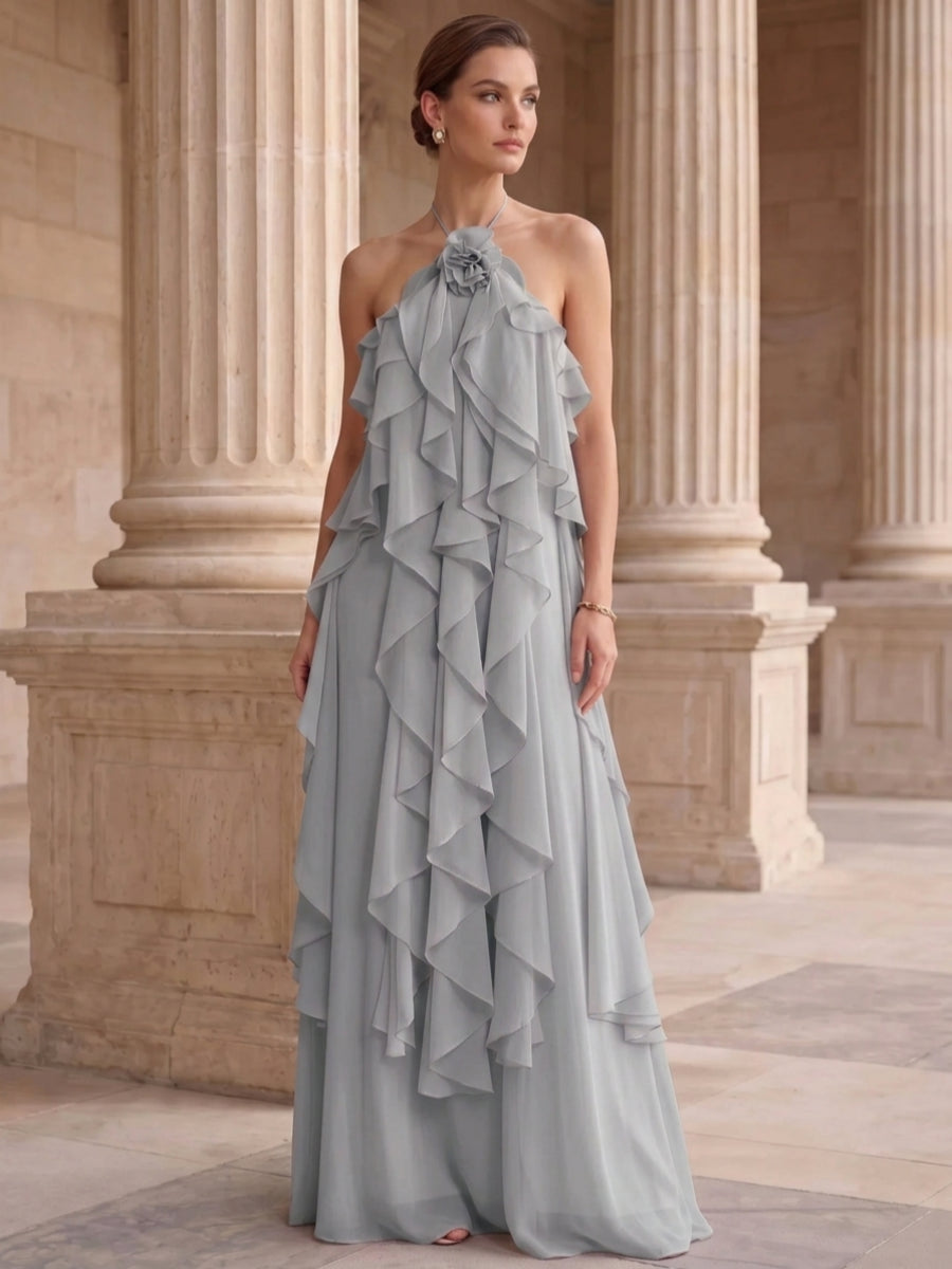 A-Line/Princess Evening Dress Chiffon Halter Sleeveless Floor-length With Ruffles Backless Criss Cross Straps