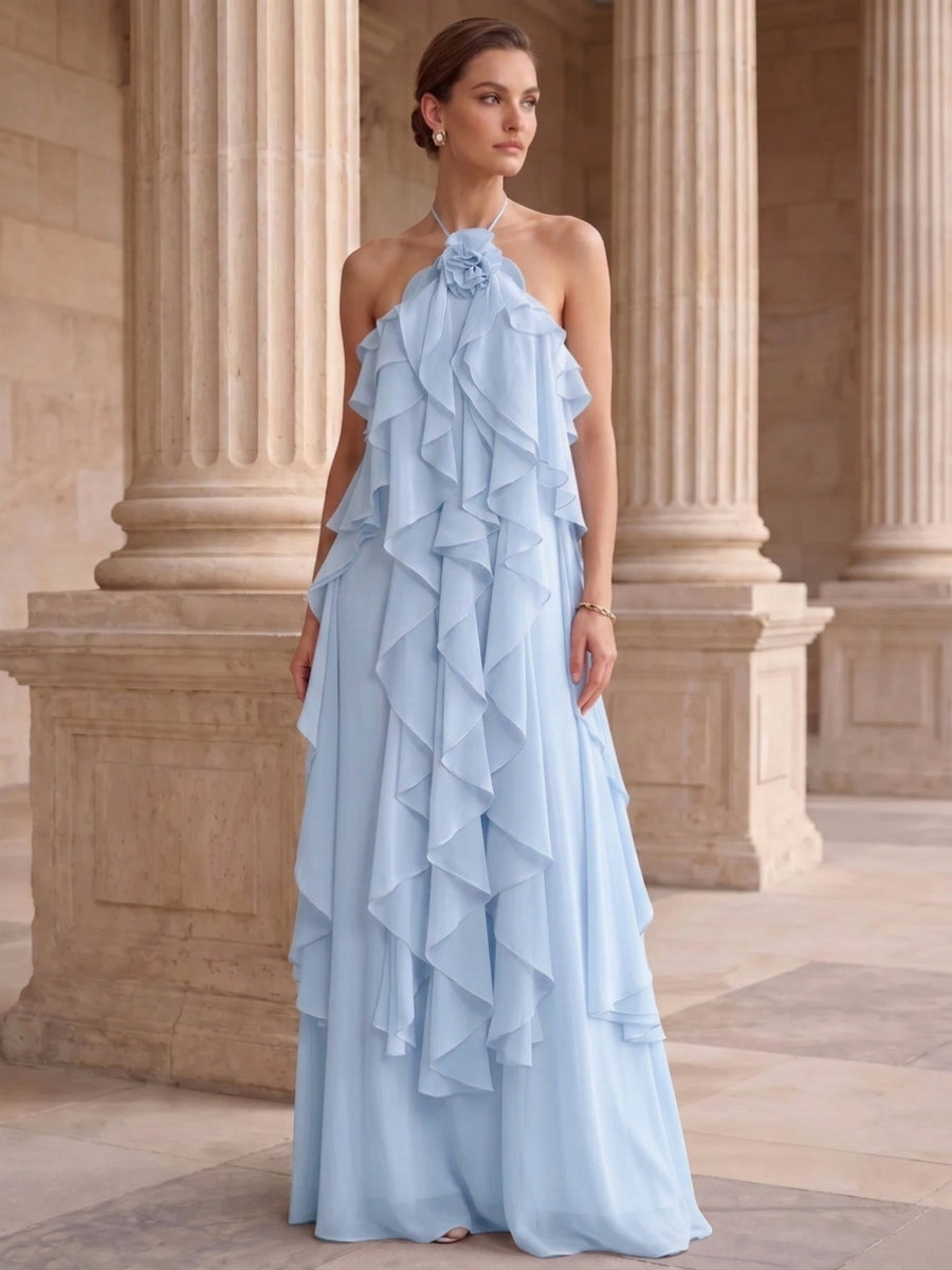 A-Line/Princess Evening Dress Chiffon Halter Sleeveless Floor-length With Ruffles Backless Criss Cross Straps