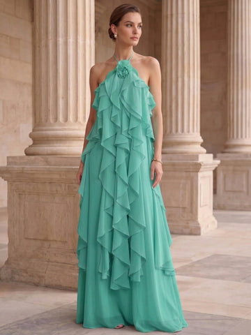 A-Line/Princess Evening Dress Chiffon Halter Sleeveless Floor-length With Ruffles Backless Criss Cross Straps
