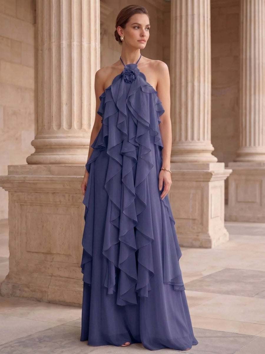 A-Line/Princess Evening Dress Chiffon Halter Sleeveless Floor-length With Ruffles Backless Criss Cross Straps