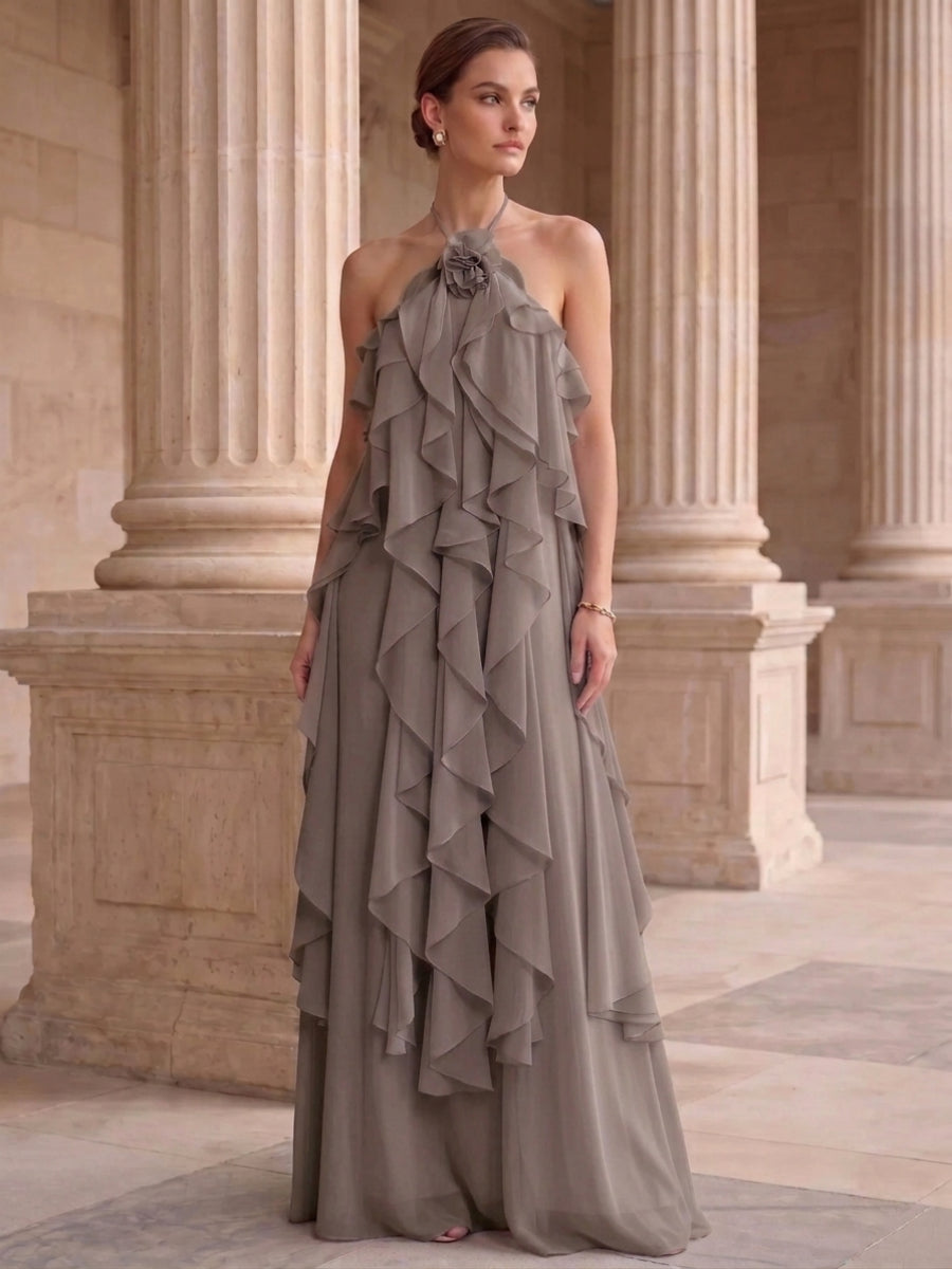 A-Line/Princess Evening Dress Chiffon Halter Sleeveless Floor-length With Ruffles Backless Criss Cross Straps