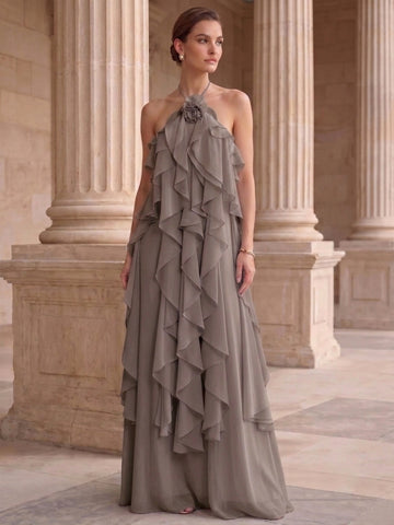 A-Line/Princess Evening Dress Chiffon Halter Sleeveless Floor-length With Ruffles Backless Criss Cross Straps