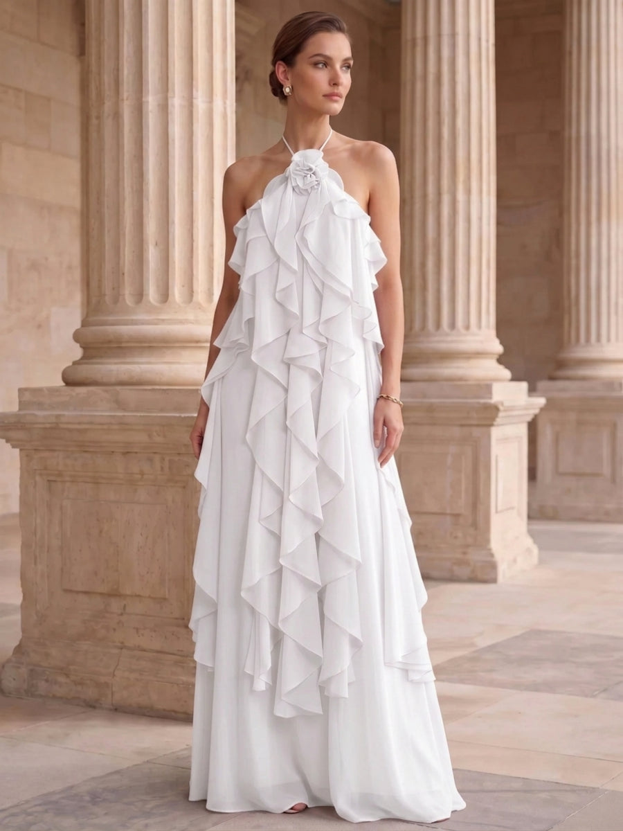 A-Line/Princess Evening Dress Chiffon Halter Sleeveless Floor-length With Ruffles Backless Criss Cross Straps