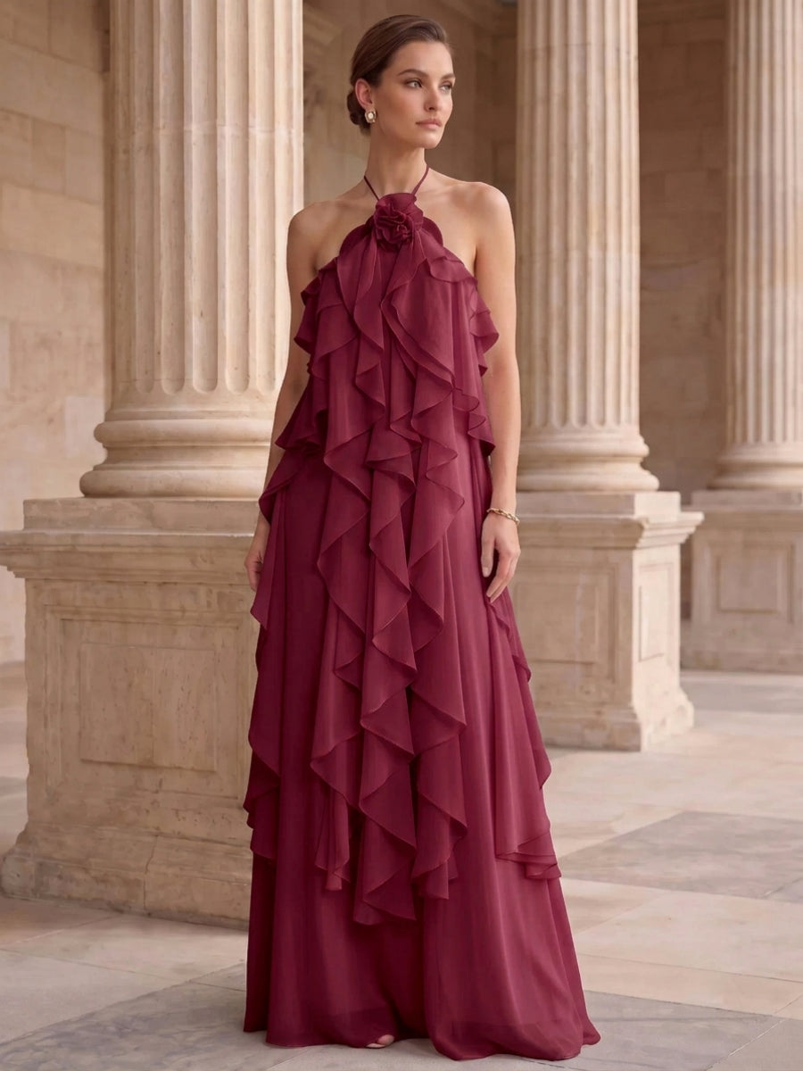 A-Line/Princess Evening Dress Chiffon Halter Sleeveless Floor-length With Ruffles Backless Criss Cross Straps