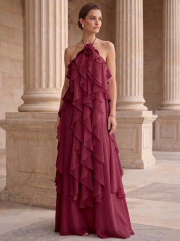 A-Line/Princess Evening Dress Chiffon Halter Sleeveless Floor-length With Ruffles Backless Criss Cross Straps