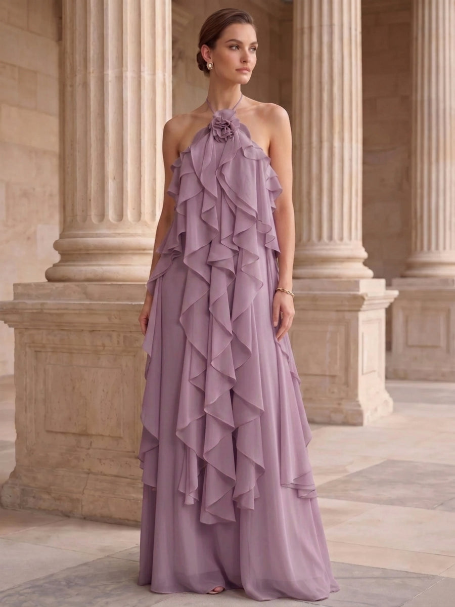 A-Line/Princess Evening Dress Chiffon Halter Sleeveless Floor-length With Ruffles Backless Criss Cross Straps