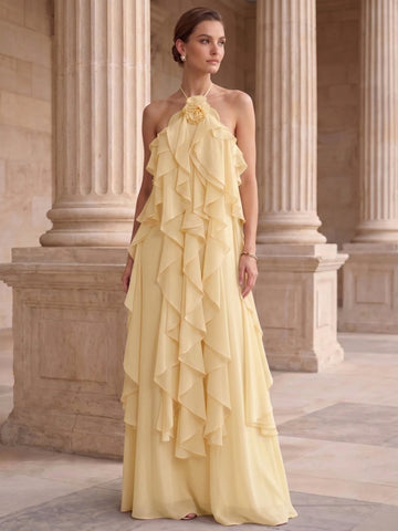A-Line/Princess Evening Dress Chiffon Halter Sleeveless Floor-length With Ruffles Backless Criss Cross Straps