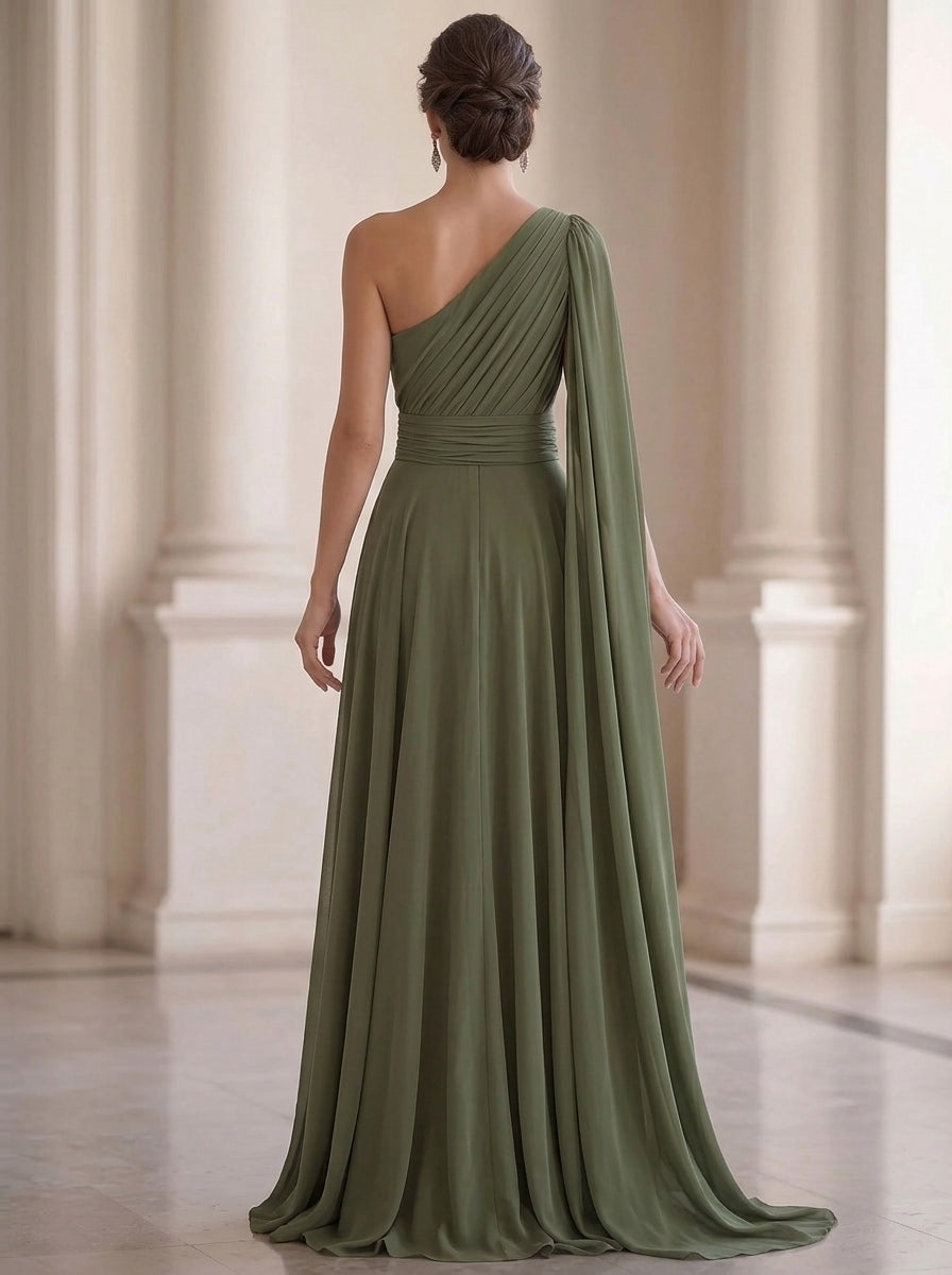 A-Line Evening Dress Chiffon Elegant One-Shoulder Sleeveless Floor-length With Ruched Sweep Train