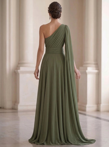 A-Line Evening Dress Chiffon Elegant One-Shoulder Sleeveless Floor-length With Ruched Sweep Train