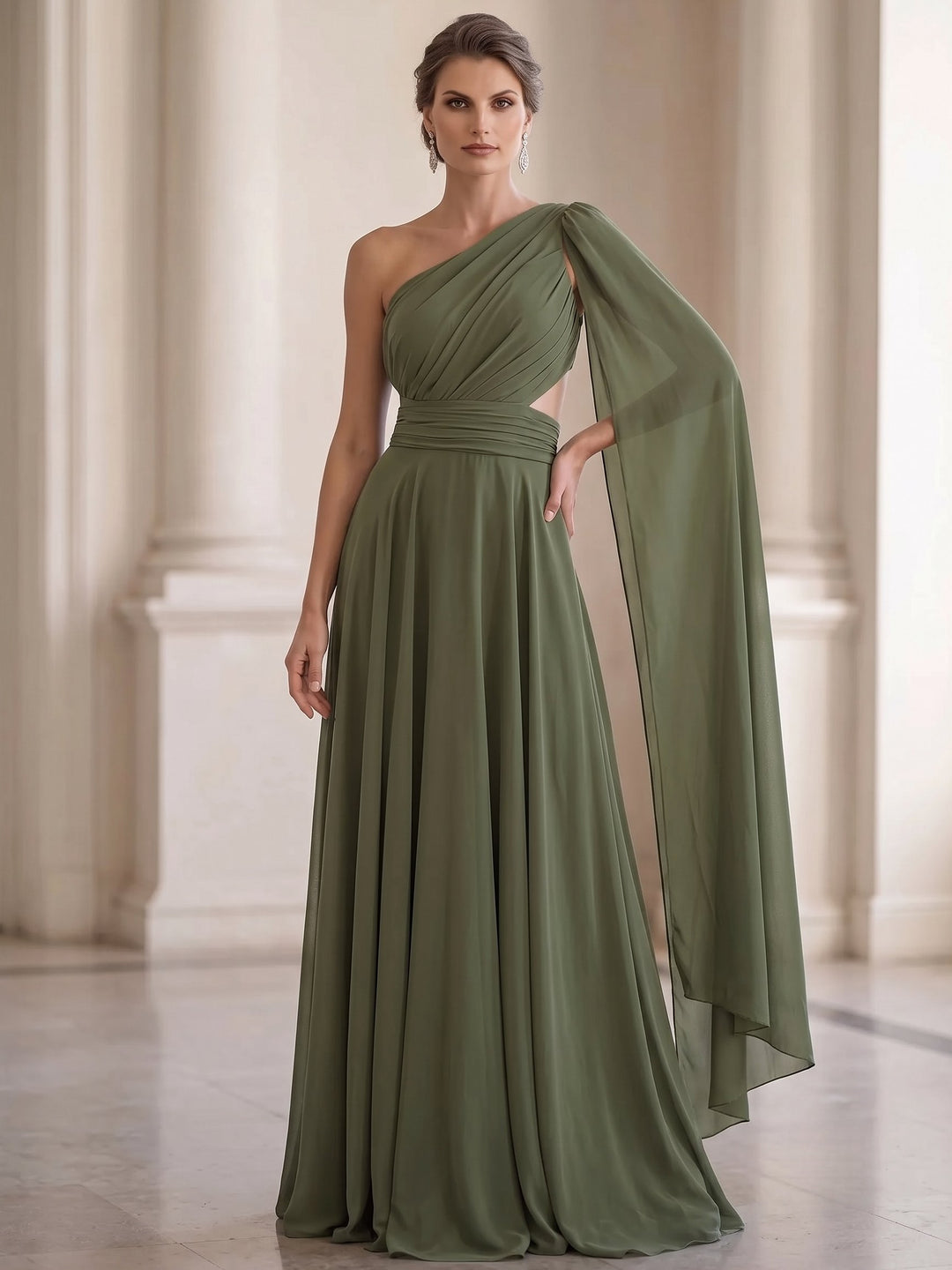 A-Line Evening Dress Chiffon Elegant One-Shoulder Sleeveless Floor-length With Ruched Sweep Train