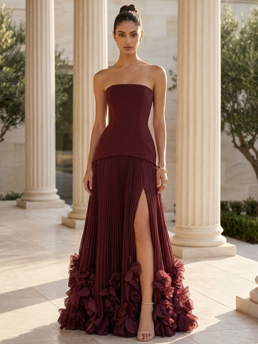A-Line Evening Dress Chiffon Elegant Strapless Sleeveless Floor-length With Pleated Split Side