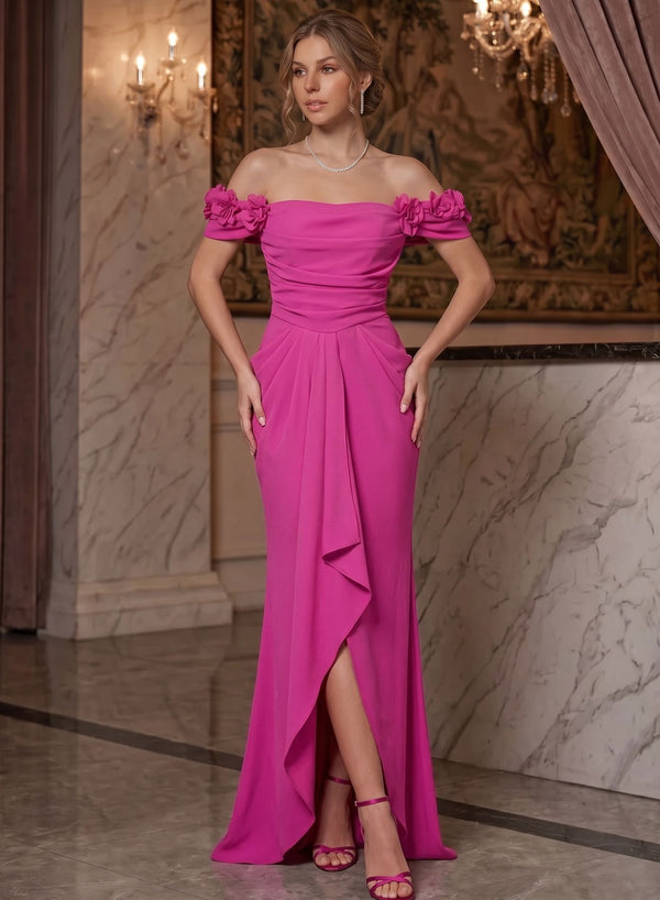 Trumpet/Mermaid Evening Dress Chiffon Elegant Off-the-Shoulder Sleeveless Asymmetrical With Ruched 3D Floral