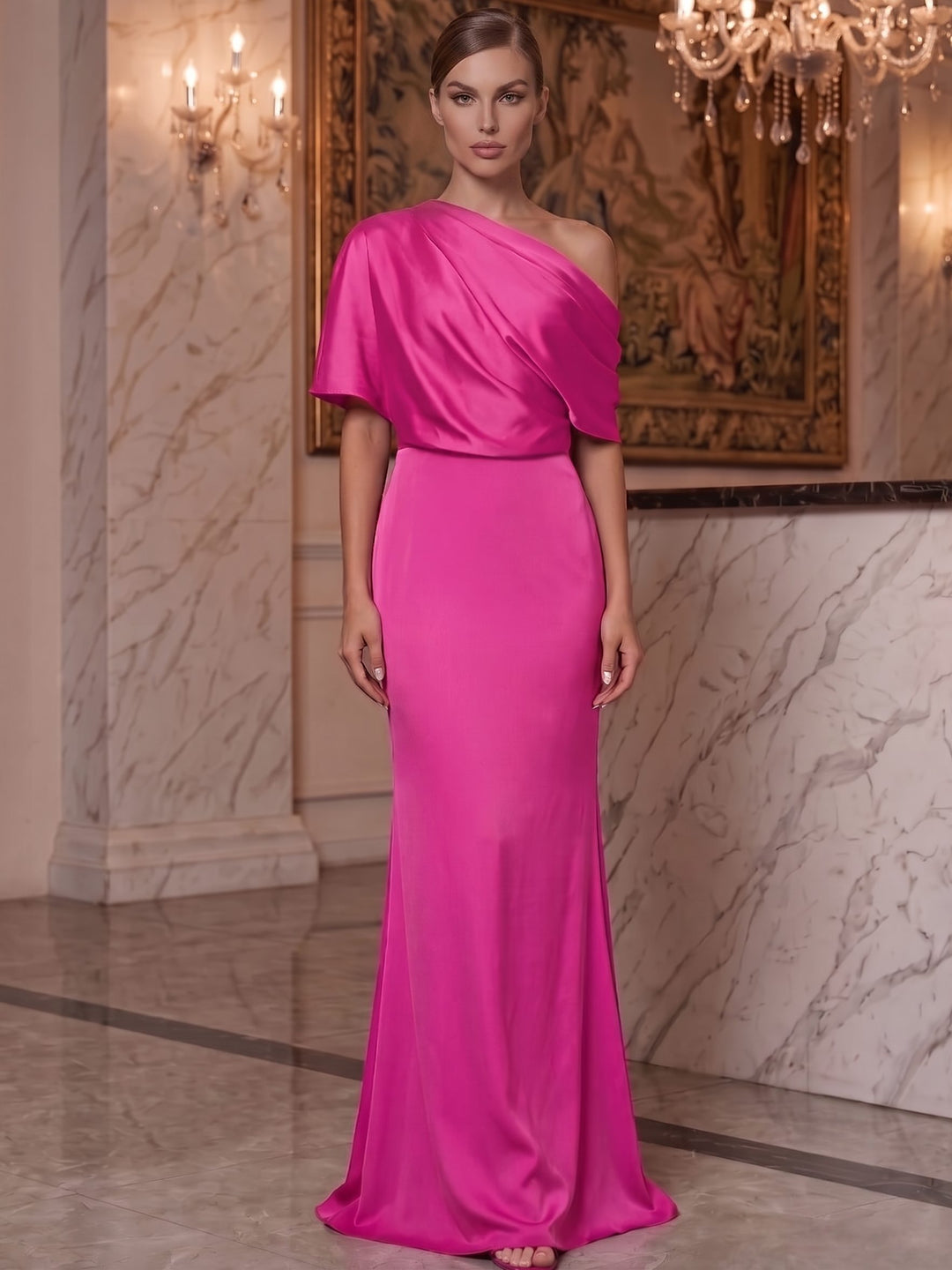 Sheath/Column Evening Dresses Satin One-Shoulder Short Sleeves Floor-Length With Ruched