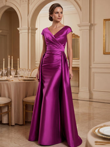 Sheath/Column Evening Dresses Satin V-Neck Cap Sleeve Floor-Length With Ruched Panel train