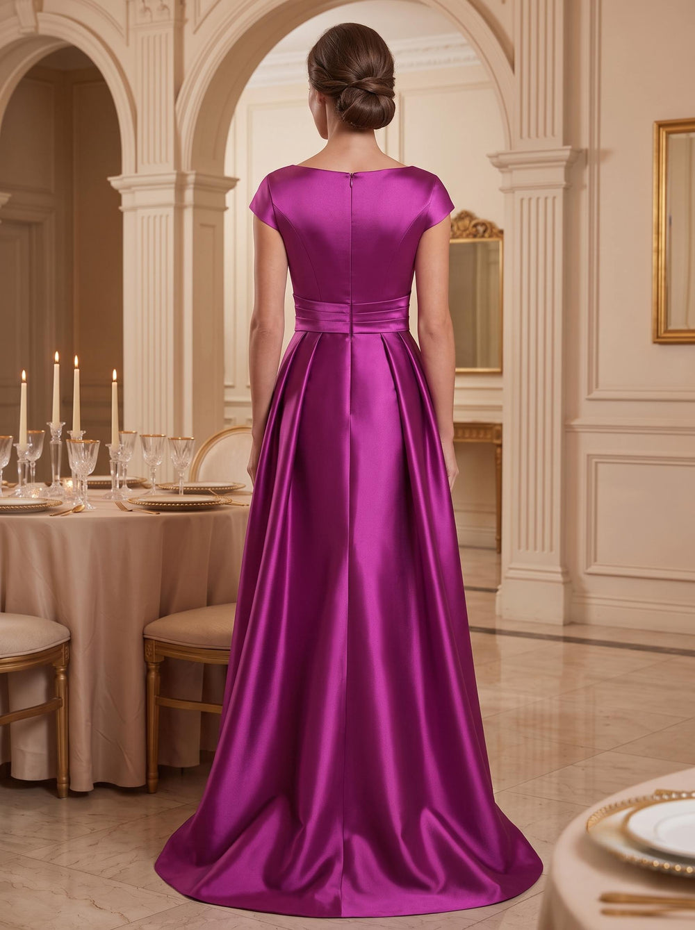 Sheath/Column Evening Dresses Satin V-Neck Cap Sleeve Floor-Length With Ruched Panel train