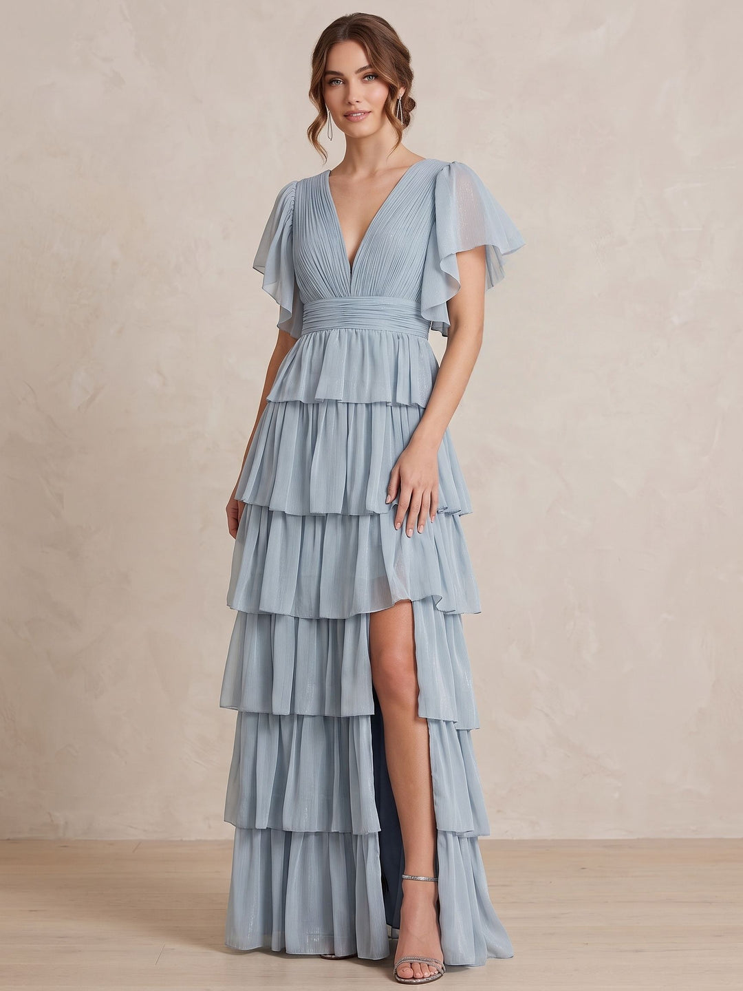A-Line Evening Dress Chiffon Deep V-Neck Short Sleeves Asymmetrical With Pleated Side Slit Zipper