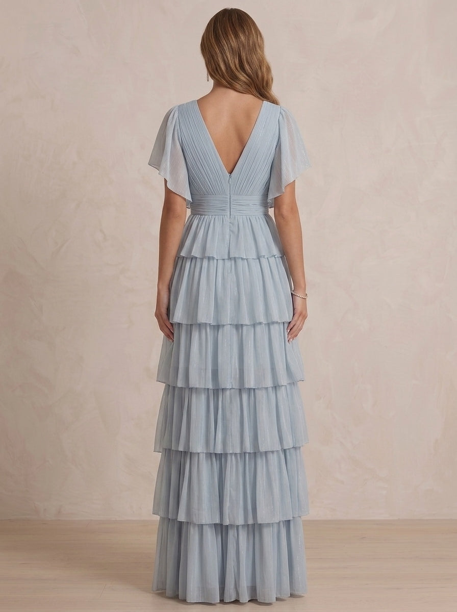 A-Line Evening Dress Chiffon Deep V-Neck Short Sleeves Asymmetrical With Pleated Side Slit Zipper