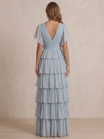 A-Line Evening Dress Chiffon Deep V-Neck Short Sleeves Asymmetrical With Pleated Side Slit Zipper