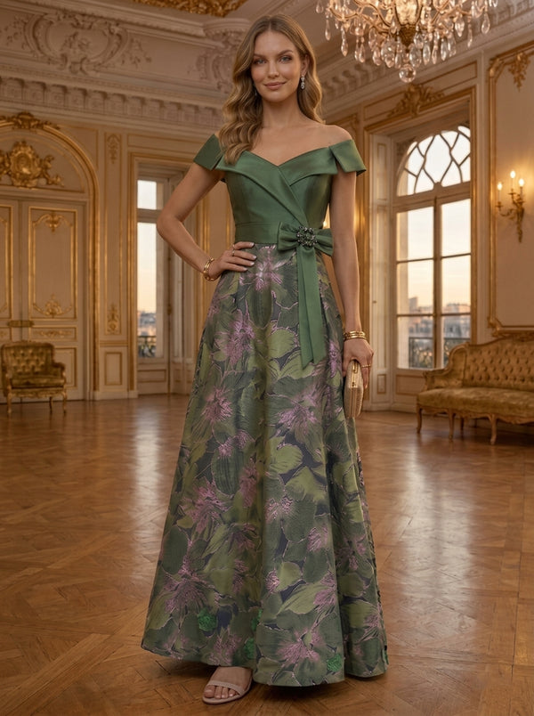 A-Line/Princess Off-the-Shoulder Jacquard Evening Dresses Floor-Length Sleeveless Bowknot Formal Dresses