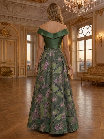 A-Line/Princess Off-the-Shoulder Jacquard Evening Dresses Floor-Length Sleeveless Bowknot Formal Dresses