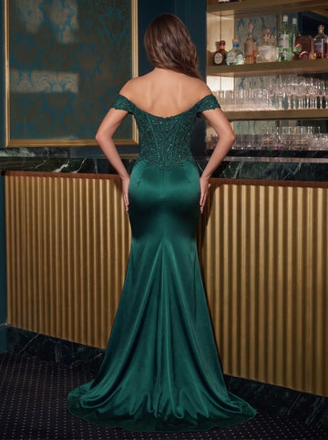 Sheath/Column Evening Dresses Satin Off-the-Shoulder Sleeveless Floor-Length With Appliques Side Slit