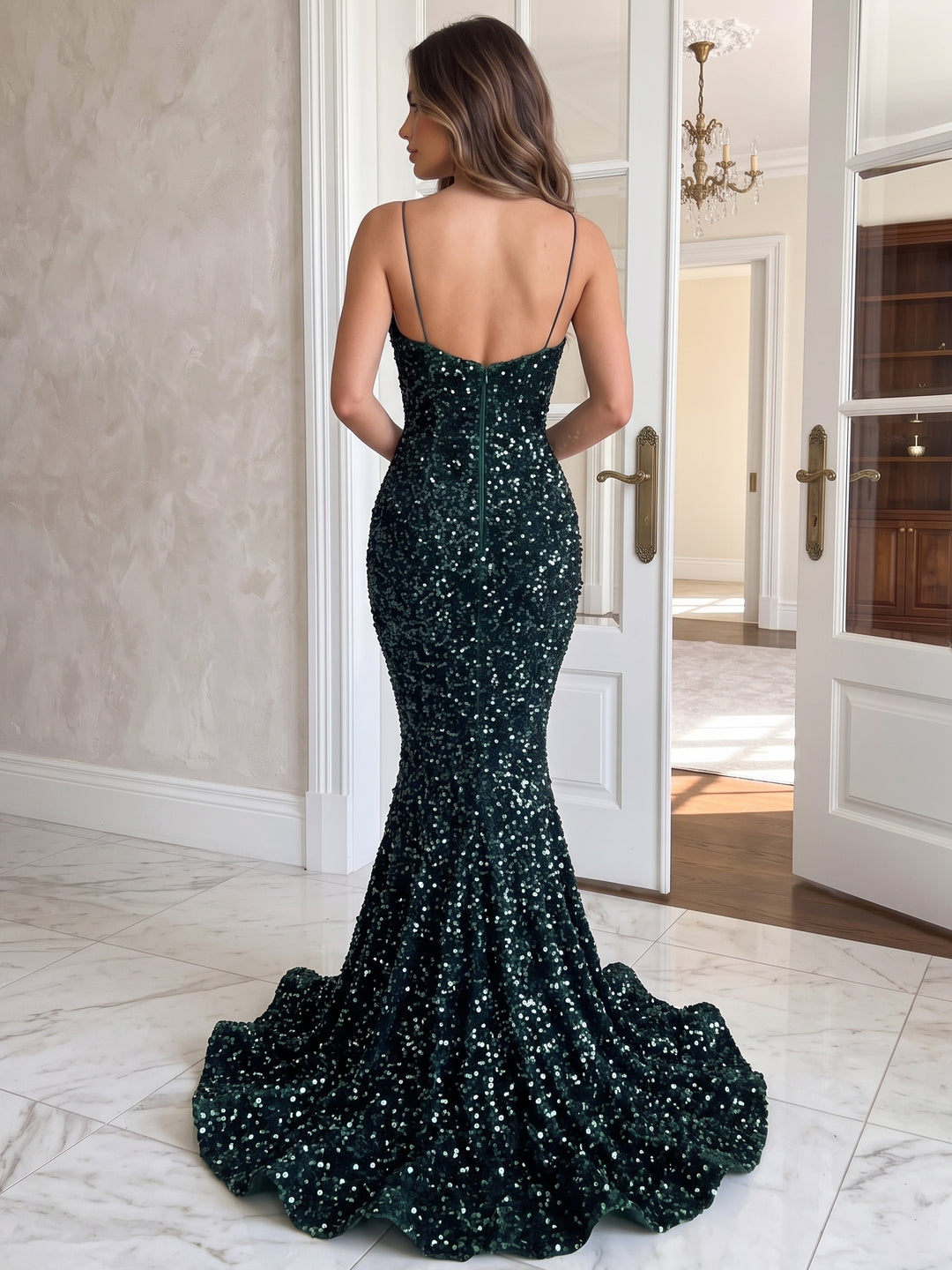 Trumpet/Mermaid Evening Dresses Sequined Dark Green Spaghetti Straps Sleeveless Floor-Length Sequins Sweep Train