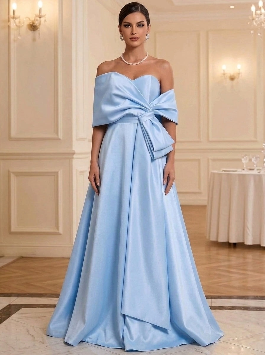 A-Line/Princess Evening Dresses Satin Off-the-Shoulder Sleeveless Floor-Length With Bow(s)