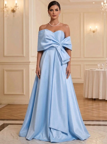 A-Line/Princess Evening Dresses Satin Off-the-Shoulder Sleeveless Floor-Length With Bow(s)
