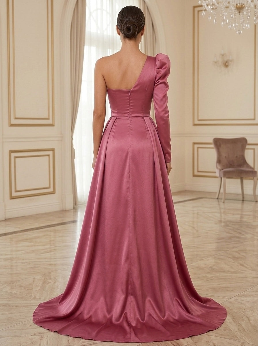 Sheath/Column Evening Dresses Satin One-Shoulder Long Sleeves Floor-Length With High Split Train