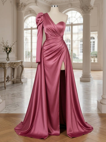 Sheath/Column Evening Dresses Satin One-Shoulder Long Sleeves Floor-Length With High Split Train