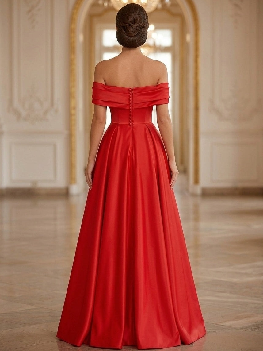 A-Line/Princess Evening Dresses Satin Off-the-Shoulder Sleeveless Floor-Length With Pockets