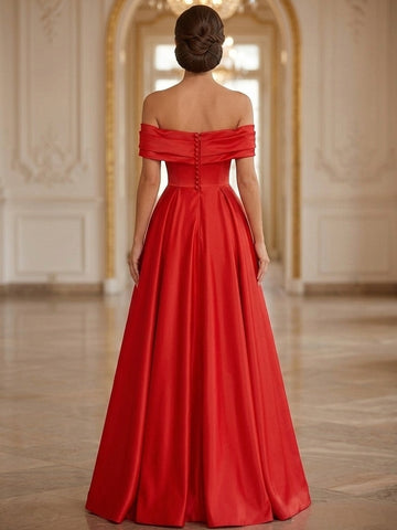 A-Line/Princess Evening Dresses Satin Off-the-Shoulder Sleeveless Floor-Length With Pockets