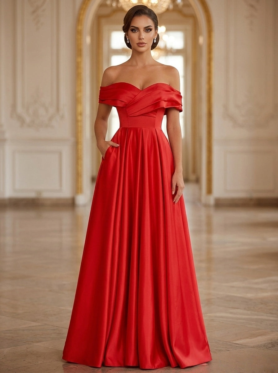 A-Line/Princess Evening Dresses Satin Off-the-Shoulder Sleeveless Floor-Length With Pockets