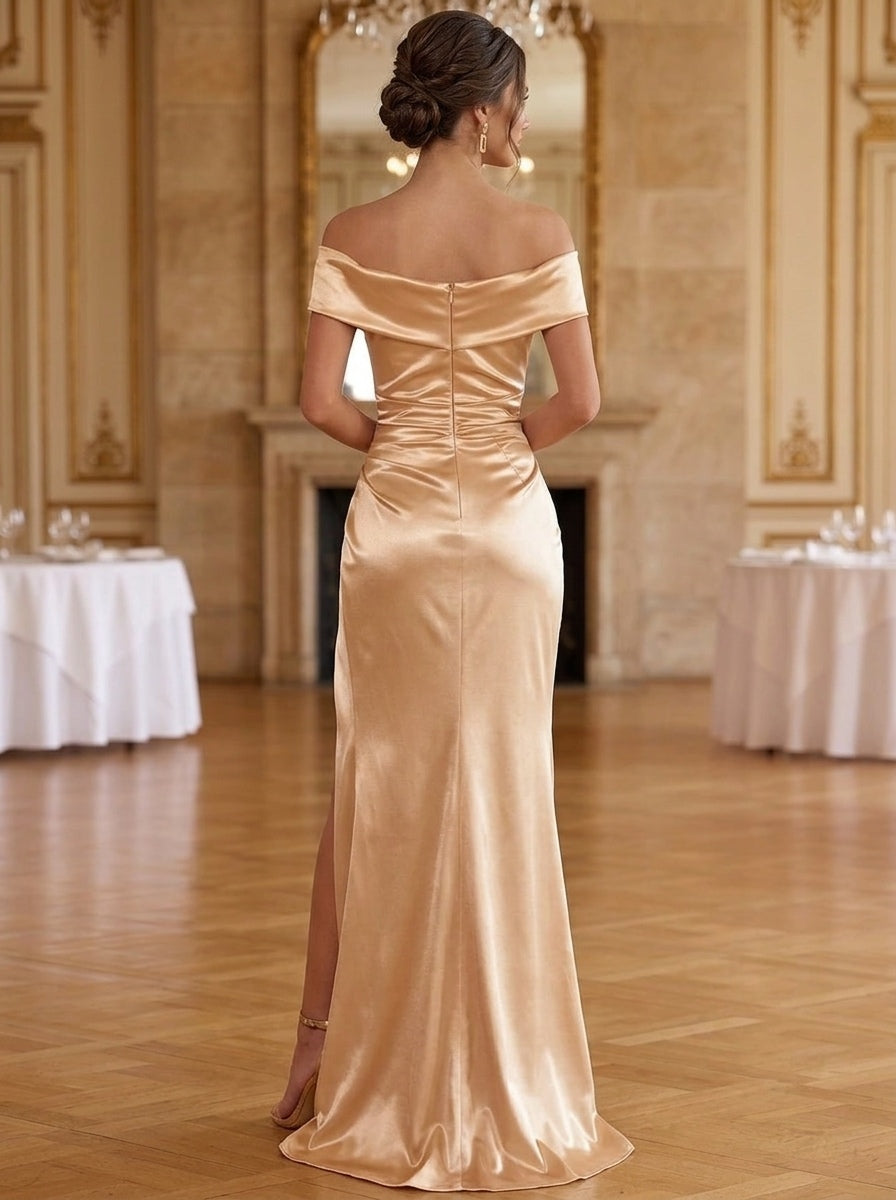 Sheath/Column Evening Dresses Satin Off-the-Shoulder Sleeveless Floor-Length With Ruched High Split