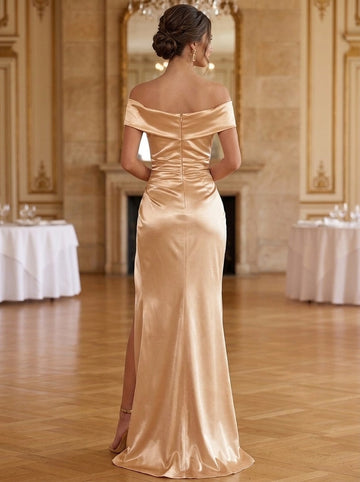 Sheath/Column Evening Dresses Satin Off-the-Shoulder Sleeveless Floor-Length With Ruched High Split
