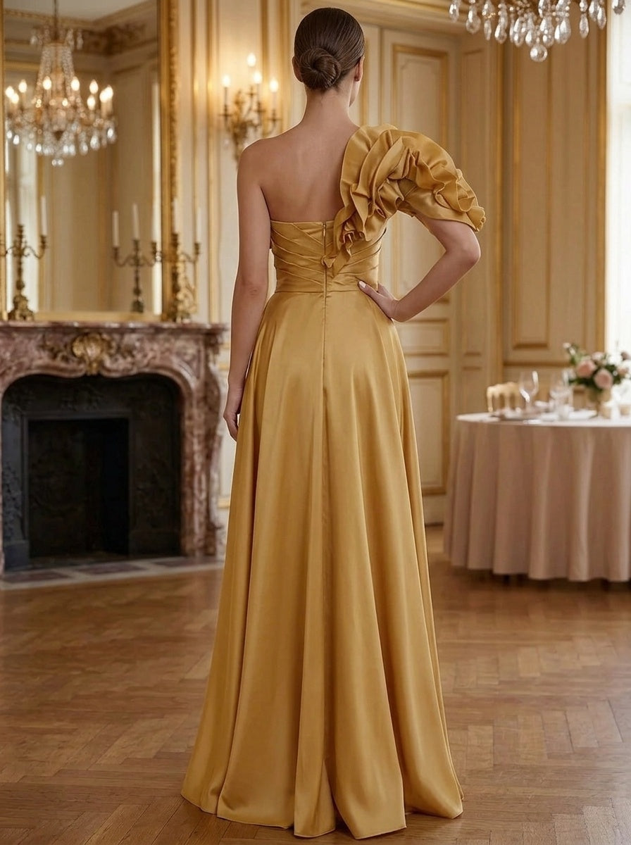 Sheath/Column Evening Dresses Satin One-Shoulder Sleeveless Floor-Length With Ruched Side Slit Sweep Train 