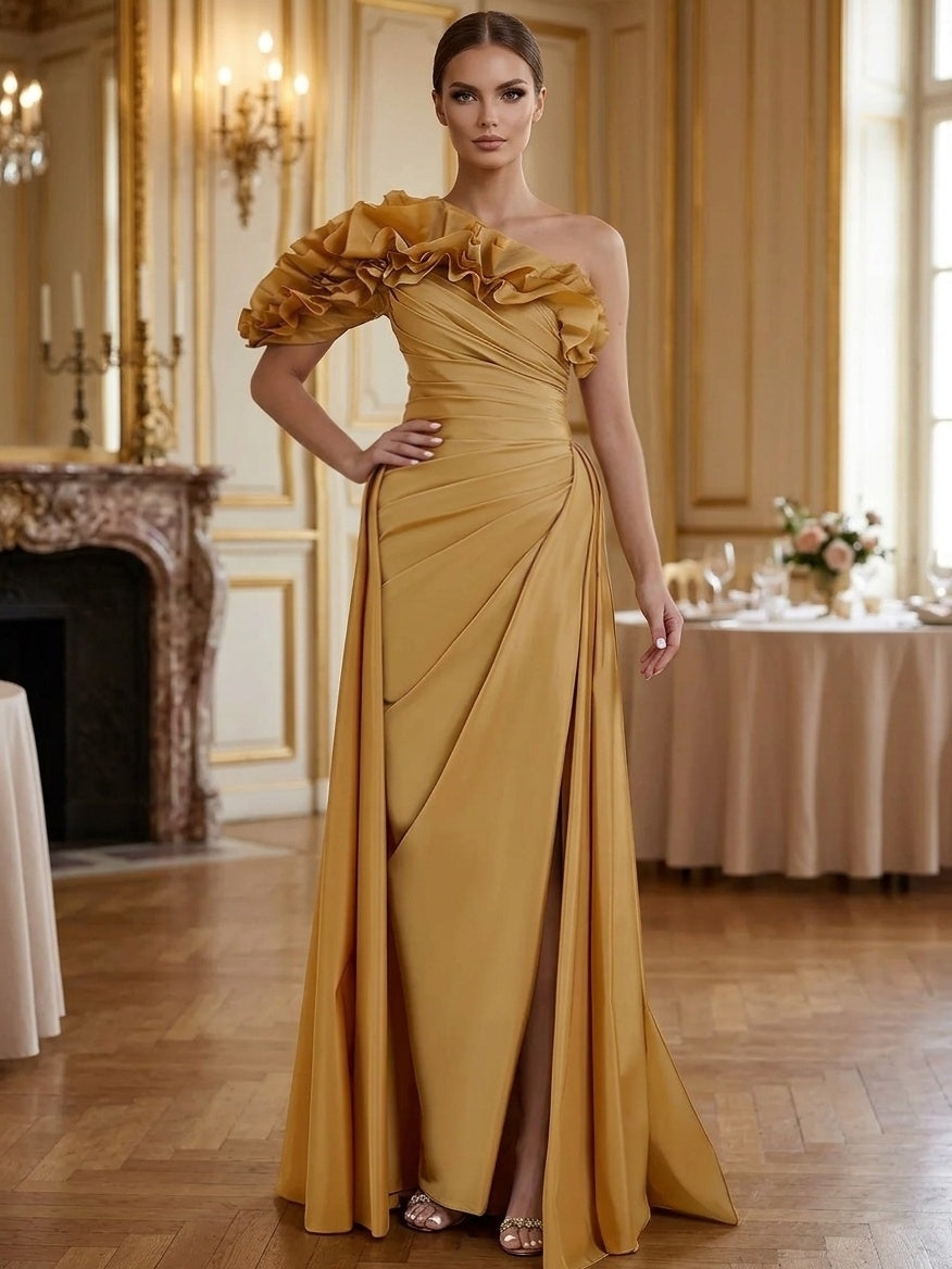 Sheath/Column Evening Dresses Satin One-Shoulder Sleeveless Floor-Length With Ruched Side Slit Sweep Train 