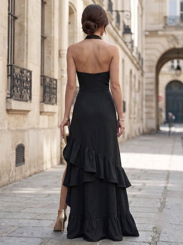 A-Line Evening Dresses Satin Halter Sleeveless Floor-Length With Ruffles High Split