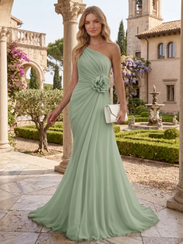 A-Line/Princess Chiffon Evening Dresses with 3D Flower One-Shoulder Sleeveless Floor-Length Ruched Formal Dresses