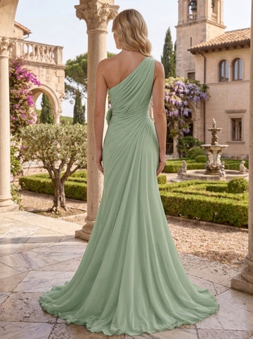 A-Line/Princess Chiffon Evening Dresses with 3D Flower One-Shoulder Sleeveless Floor-Length Ruched Formal Dresses