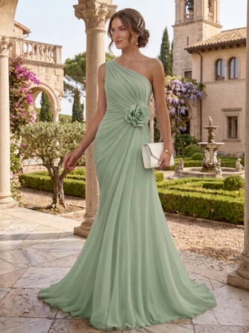 A-Line/Princess Chiffon Evening Dresses with 3D Flower One-Shoulder Sleeveless Floor-Length Ruched Formal Dresses