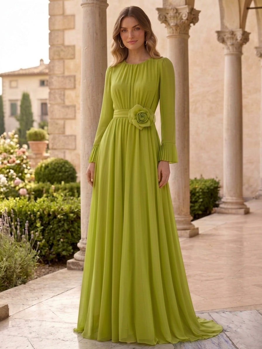 A-Line/Princess Chiffon Scoop Evening Dresses with 3D Flower Long Sleeves Floor-Length Ruched Formal Dresses