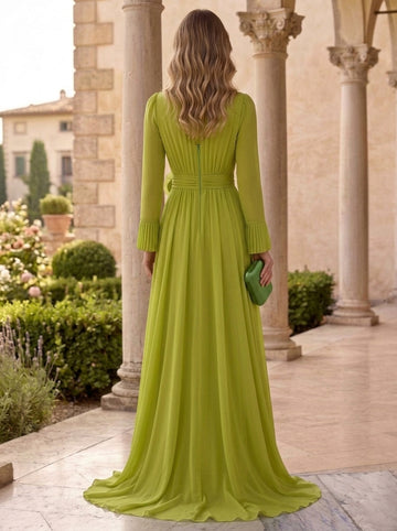 A-Line/Princess Chiffon Scoop Evening Dresses with 3D Flower Long Sleeves Floor-Length Ruched Formal Dresses