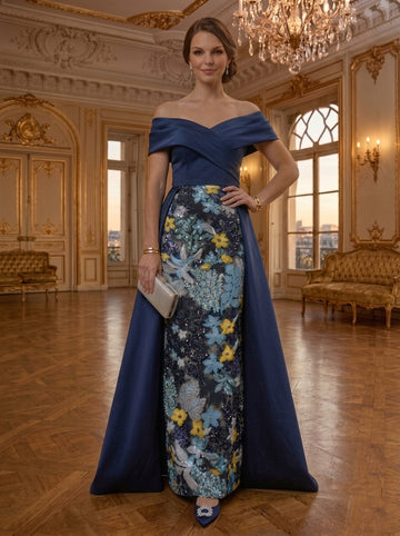 Sheath/Column Off-the-Shoulder Satin Evening Dresses with Overskirt Floor-Length Sequins Sleeveless Formal Dresses