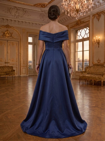 Sheath/Column Off-the-Shoulder Satin Evening Dresses with Overskirt Floor-Length Sequins Sleeveless Formal Dresses