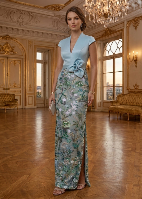 Sheath/Column V-Neck Sequins Evening Dresses with 3D Flower Floor-Length Cap Sleeves Formal Dresses