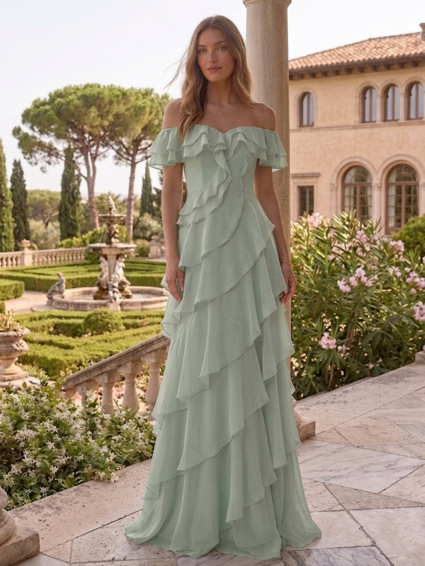 A-Line/Princess Chiffon Off-the-Shoulder Evening Dresses Sleeveless Floor-Length Ruffles Formal Dresses