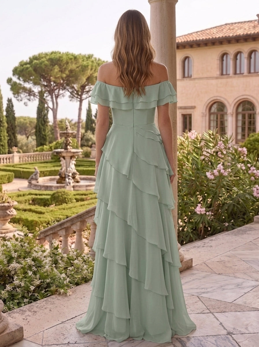 A-Line/Princess Chiffon Off-the-Shoulder Evening Dresses Sleeveless Floor-Length Ruffles Formal Dresses